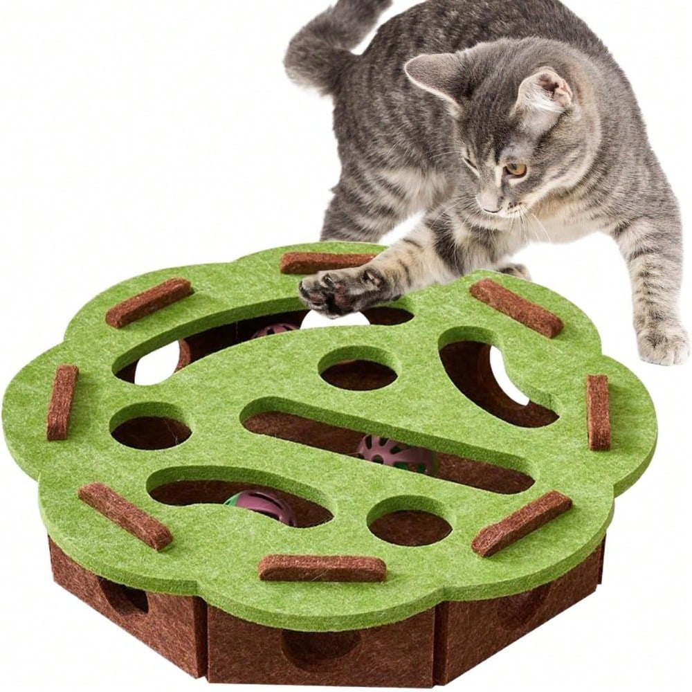 Interactive Cat Puzzle Toy Set with Maze Tunnel & Bell Balls (2 Pieces) | Durable Felt Indoor Cat Enrichment Toy | No Batteries Required