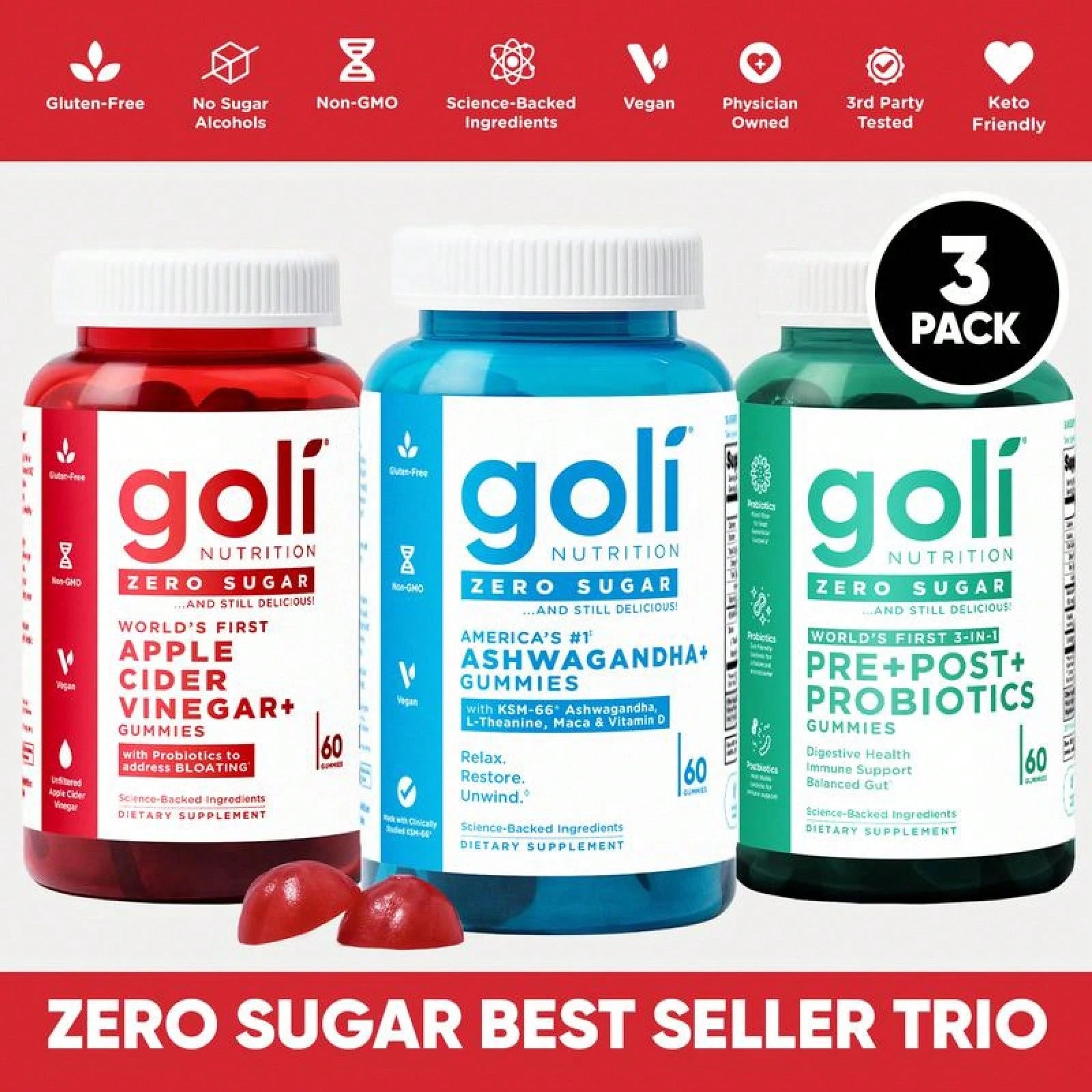 Goli 3-in-1 Zero Sugar Gut & Stress Gummies (ACV + Probiotics)