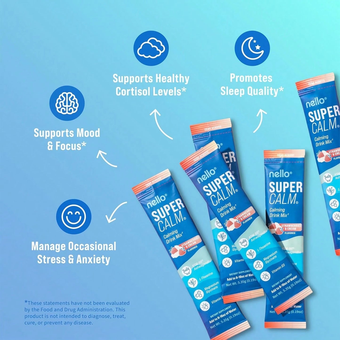 Nello Supercalm Powdered Drink Mix – Cortisol Reducer & Sleep Aid Supplement with L-Theanine, KSM-66 Ashwagandha, Magnesium Glycinate & Vitamin D3 | Sugar-Free Tropical Tangerine, Non-GMO, 20 Stick Packs