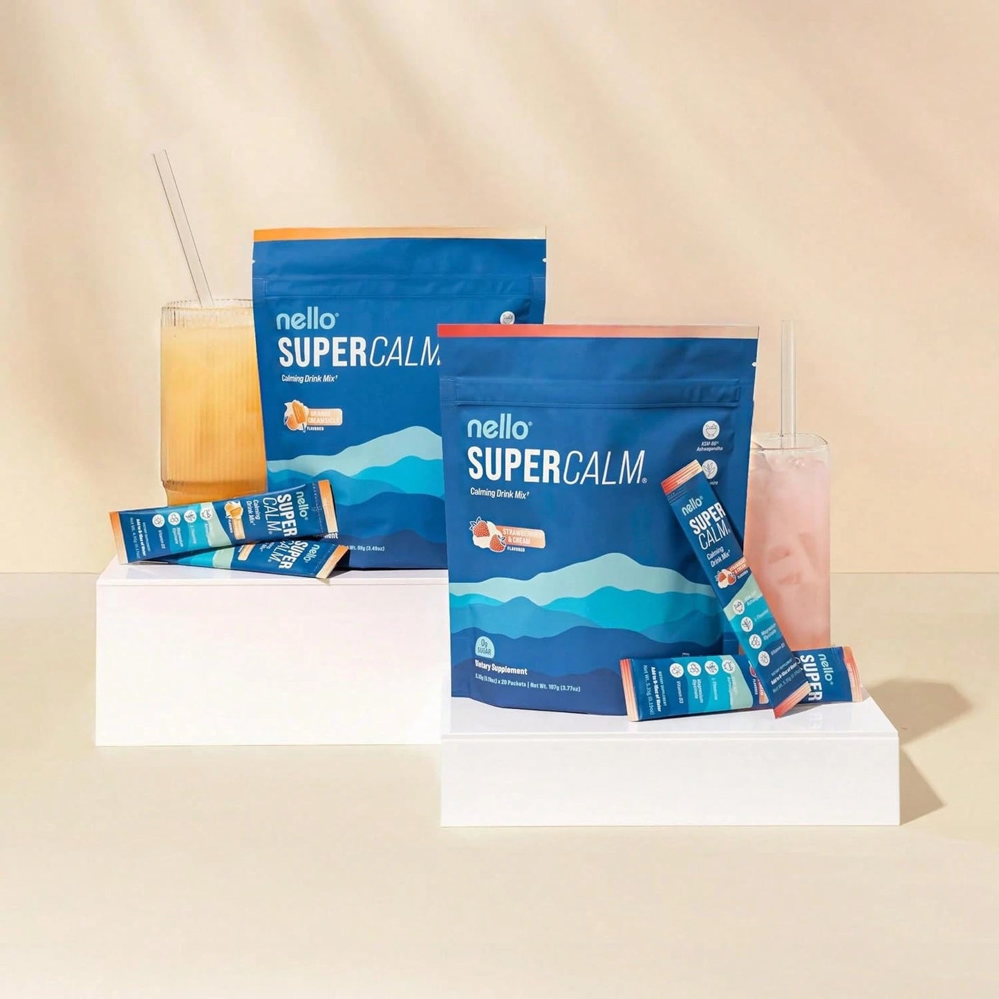 Nello Supercalm Powdered Drink Mix – Cortisol Reducer & Sleep Aid Supplement with L-Theanine, KSM-66 Ashwagandha, Magnesium Glycinate & Vitamin D3 | Sugar-Free Tropical Tangerine, Non-GMO, 20 Stick Packs