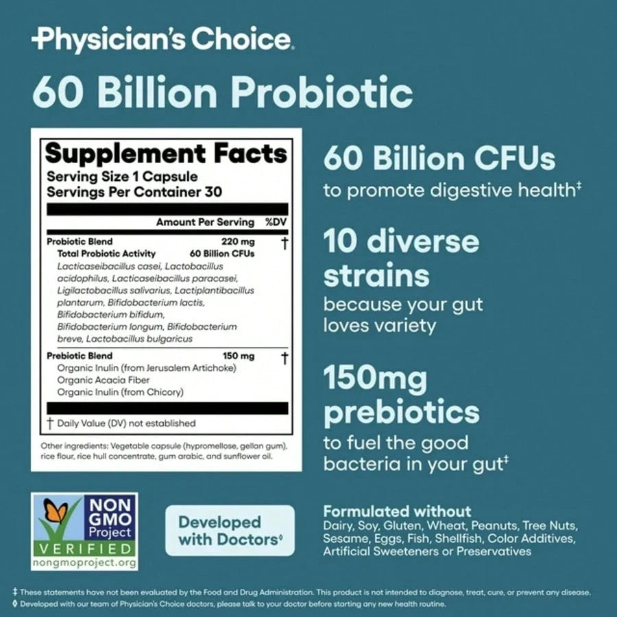 Physician's Choice 60 Billion Probiotic – 10 Strains, Gut & Immune Support | 30 Capsules