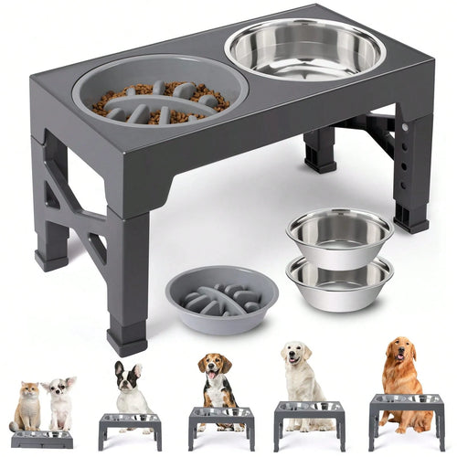 5-Level Adjustable Raised Dog Bowl Set with Slow Feeder & 2 Stainless Steel Bowls | Elevated Anti-Choke Feeding Station for Dogs & Cats of All Sizes
