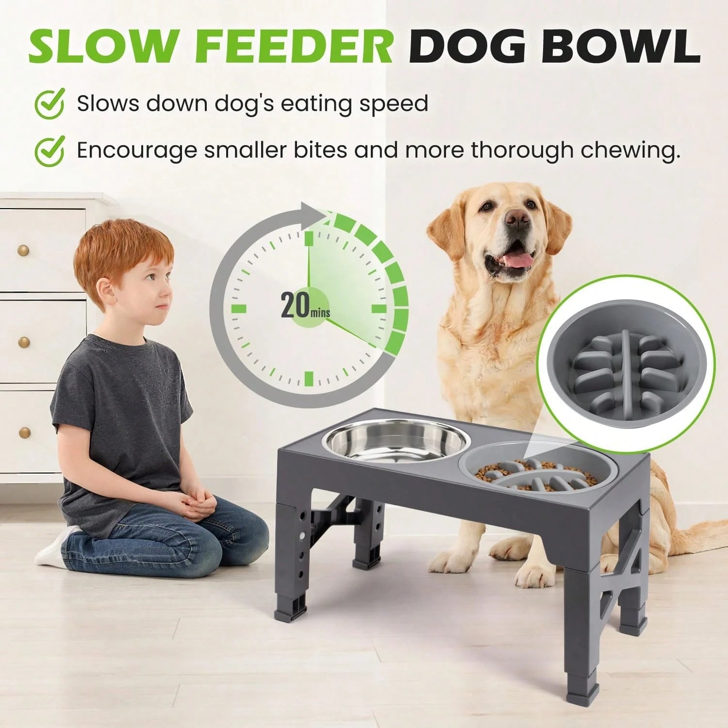5-Level Adjustable Raised Dog Bowl Set with Slow Feeder & 2 Stainless Steel Bowls | Elevated Anti-Choke Feeding Station for Dogs & Cats of All Sizes