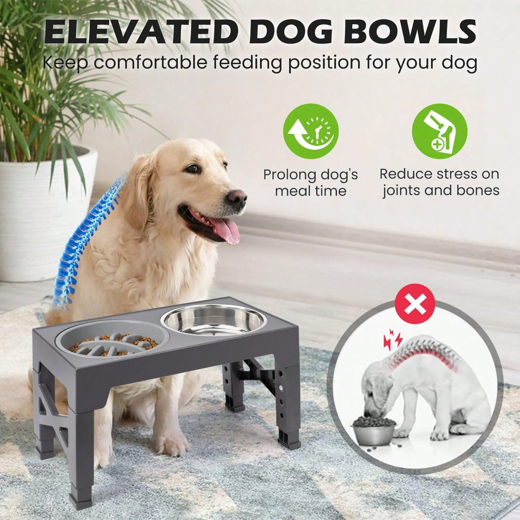 5-Level Adjustable Raised Dog Bowl Set with Slow Feeder & 2 Stainless Steel Bowls | Elevated Anti-Choke Feeding Station for Dogs & Cats of All Sizes
