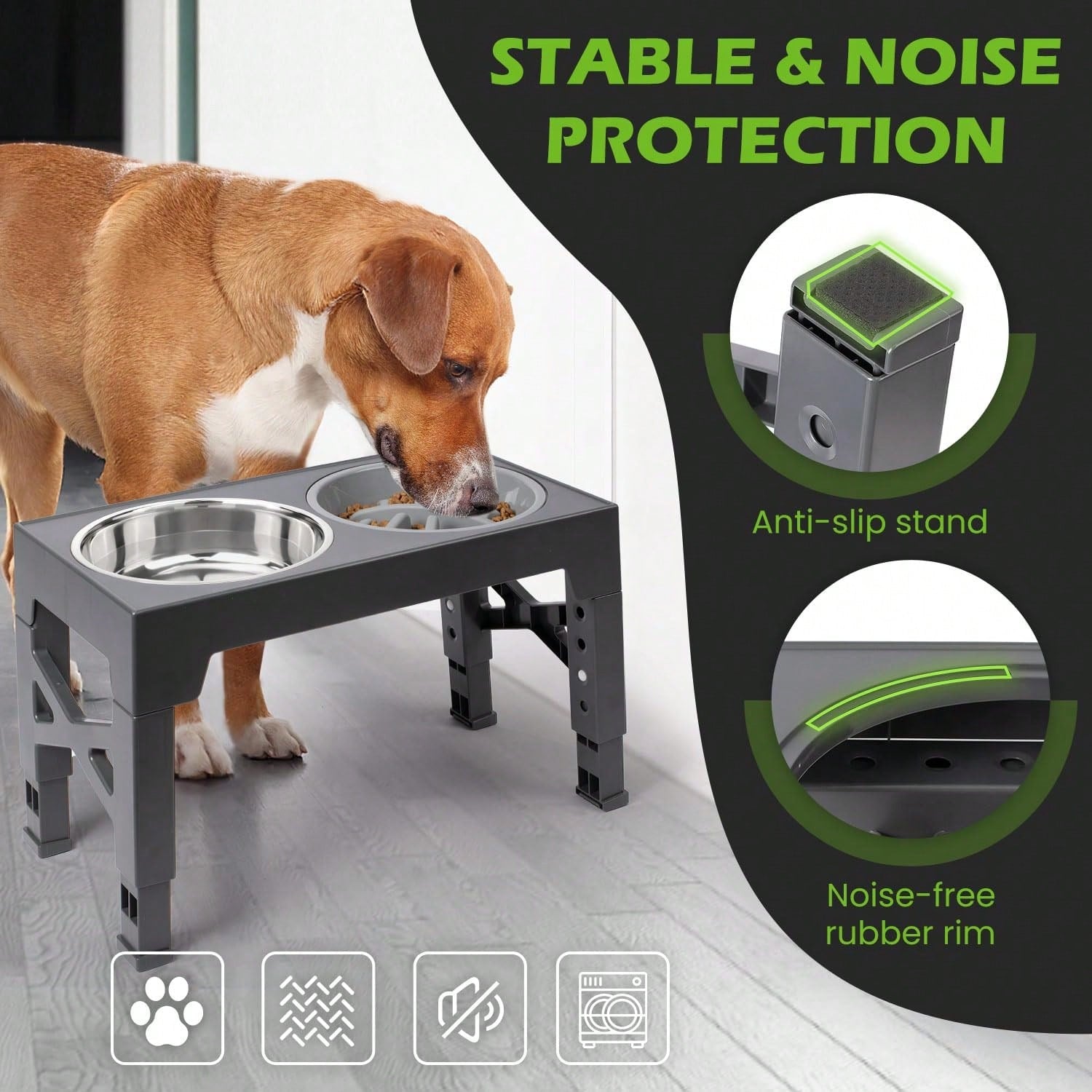 5-Level Adjustable Raised Dog Bowl Set with Slow Feeder & 2 Stainless Steel Bowls | Elevated Anti-Choke Feeding Station for Dogs & Cats of All Sizes