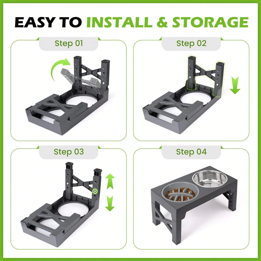 5-Level Adjustable Raised Dog Bowl Set with Slow Feeder & 2 Stainless Steel Bowls | Elevated Anti-Choke Feeding Station for Dogs & Cats of All Sizes