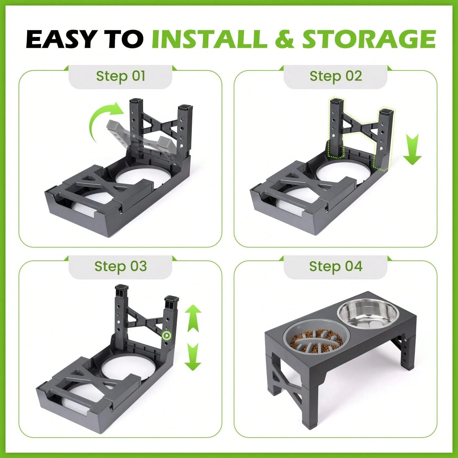 5-Level Adjustable Raised Dog Bowl Set with Slow Feeder & 2 Stainless Steel Bowls | Elevated Anti-Choke Feeding Station for Dogs & Cats of All Sizes