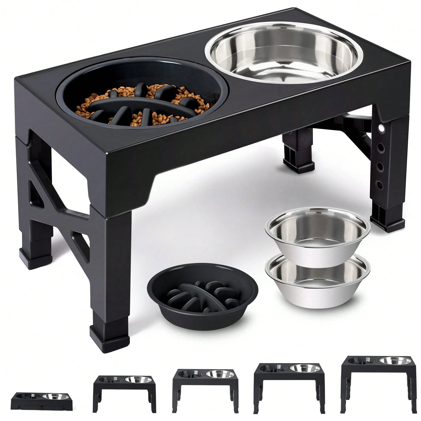 5-Level Adjustable Raised Dog Bowl Set with Slow Feeder & 2 Stainless Steel Bowls | Elevated Anti-Choke Feeding Station for Dogs & Cats of All Sizes