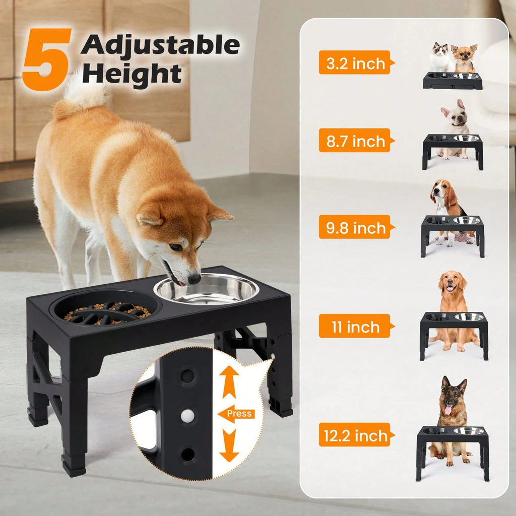 5-Level Adjustable Raised Dog Bowl Set with Slow Feeder & 2 Stainless Steel Bowls | Elevated Anti-Choke Feeding Station for Dogs & Cats of All Sizes