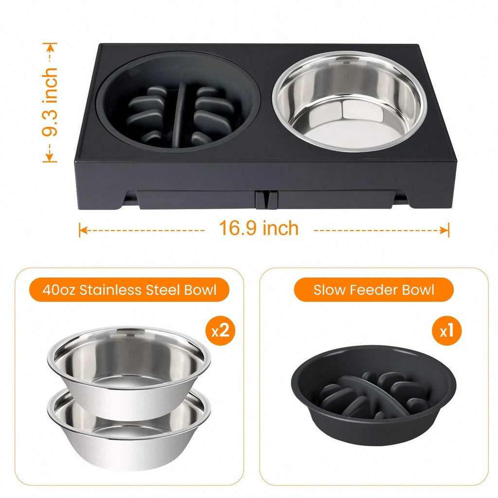 5-Level Adjustable Raised Dog Bowl Set with Slow Feeder & 2 Stainless Steel Bowls | Elevated Anti-Choke Feeding Station for Dogs & Cats of All Sizes