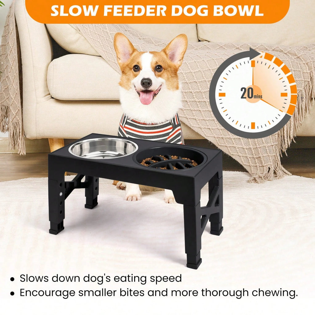 5-Level Adjustable Raised Dog Bowl Set with Slow Feeder & 2 Stainless Steel Bowls | Elevated Anti-Choke Feeding Station for Dogs & Cats of All Sizes