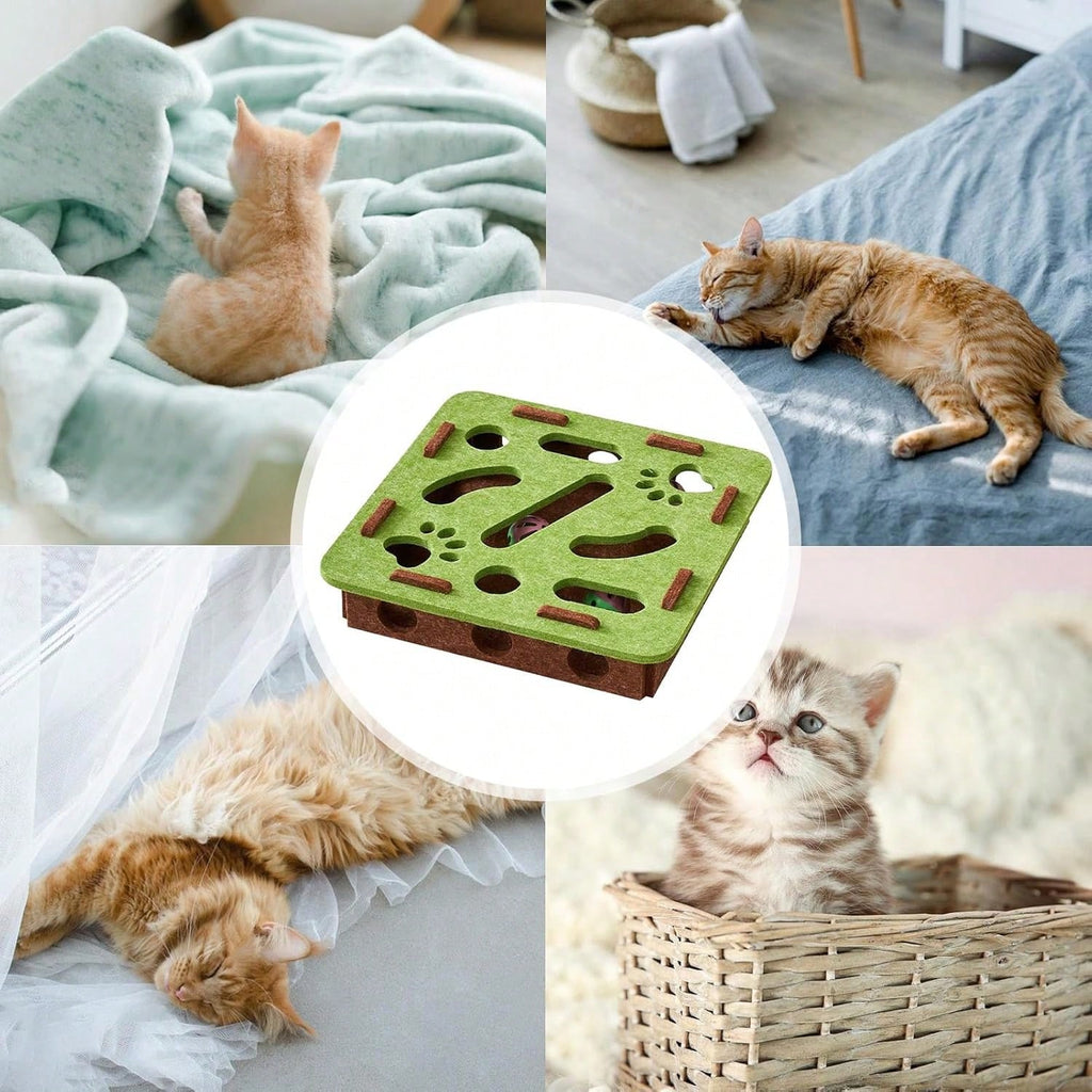 Interactive Cat Puzzle Toy Set with Maze Tunnel & Bell Balls (2 Pieces) | Durable Felt Indoor Cat Enrichment Toy | No Batteries Required