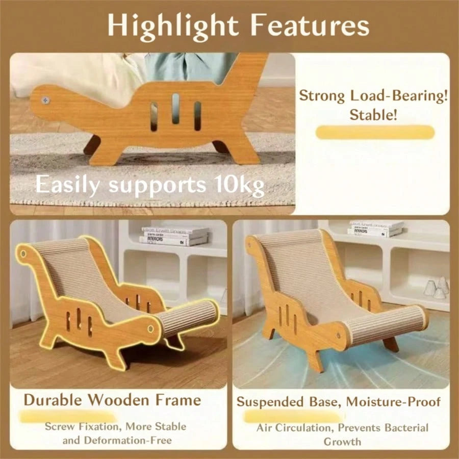 2-in-1 Wooden Cat Scratcher Lounge Bed – Durable Sisal Cat Scratching Chair & Ergonomic Cat Lounger for Indoor Cats, Claw Care & Napping Furniture