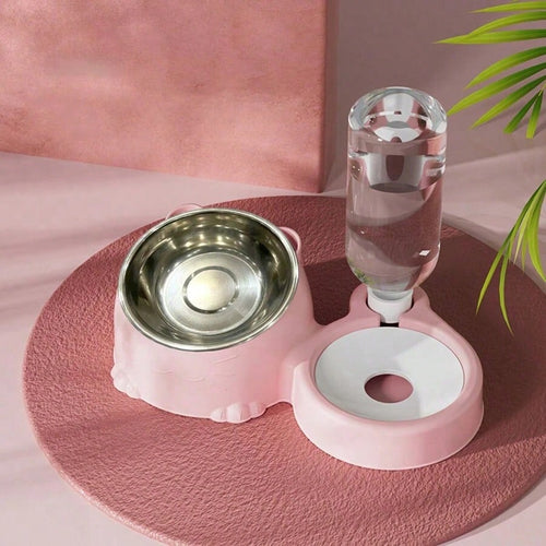 2-in-1 Pet Double Bowl with Automatic Water Dispenser Bottle – Food & Water Feeding Station for Cats and Dogs