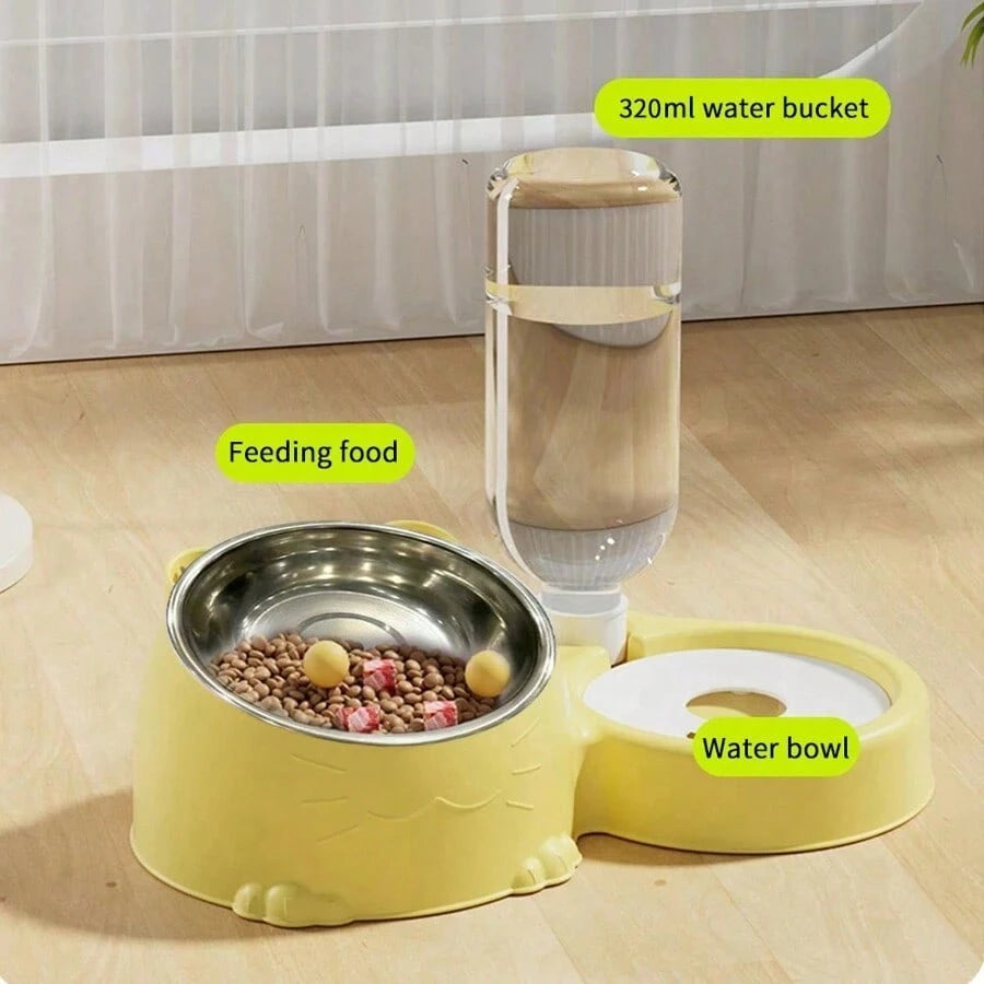 2-in-1 Pet Double Bowl with Automatic Water Dispenser Bottle – Food & Water Feeding Station for Cats and Dogs
