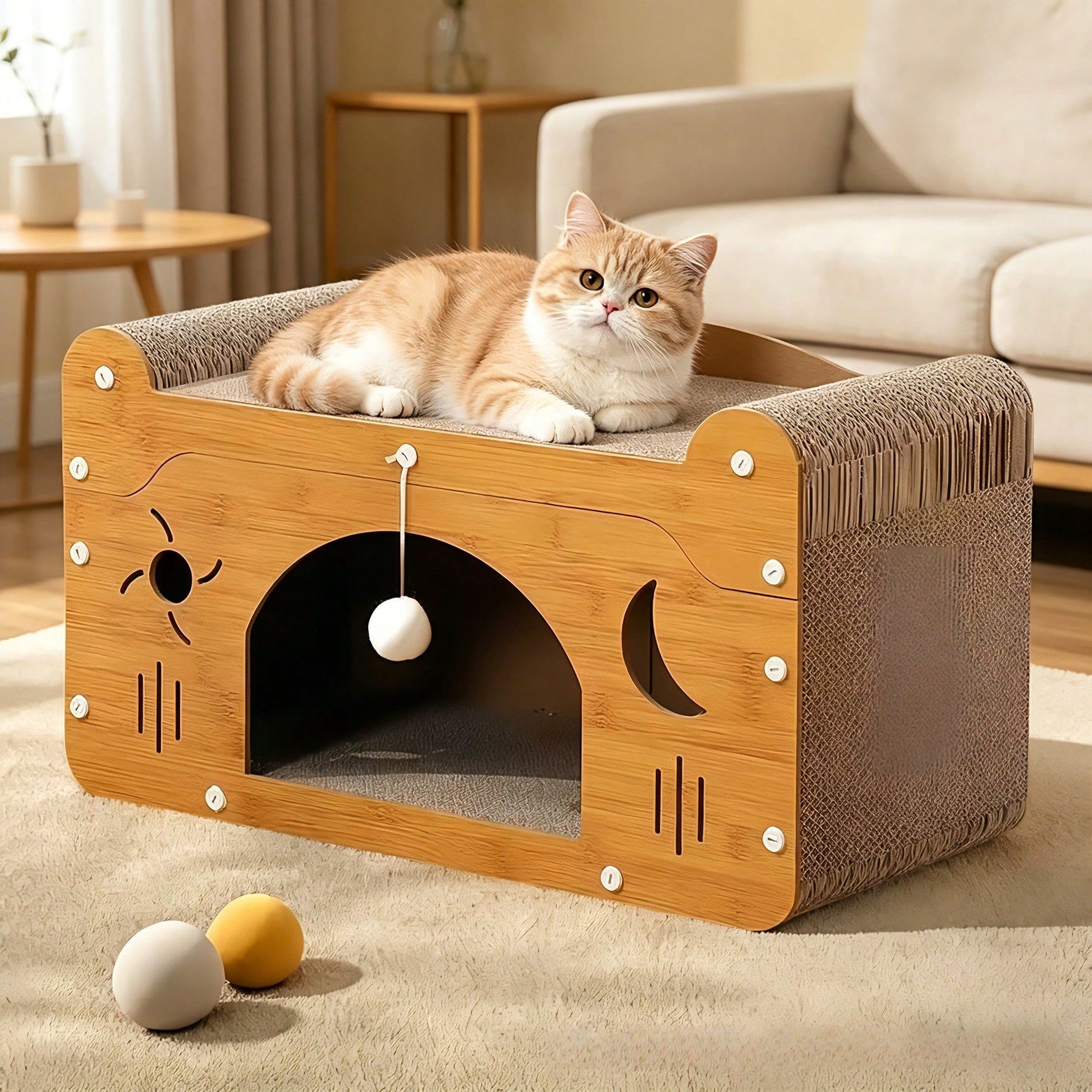 Double Layer Cat Scratcher Lounge Bed with Detachable Top Level & 2 Interactive Balls – Corrugated Cardboard Cat Scratching Pad for Multi-Cat Homes