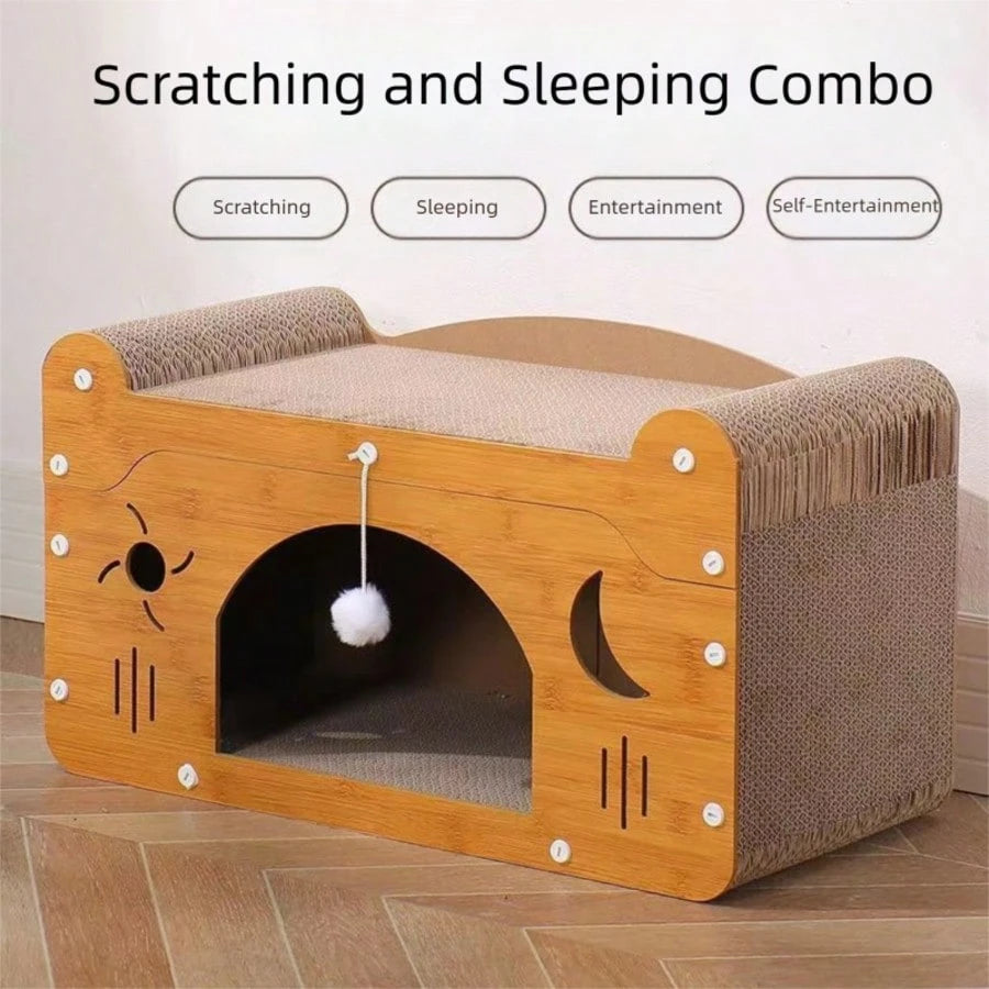Double Layer Cat Scratcher Lounge Bed with Detachable Top Level & 2 Interactive Balls – Corrugated Cardboard Cat Scratching Pad for Multi-Cat Homes