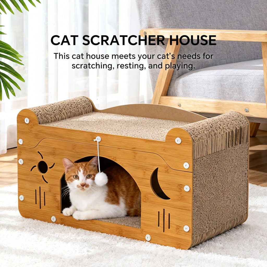Double Layer Cat Scratcher Lounge Bed with Detachable Top Level & 2 Interactive Balls – Corrugated Cardboard Cat Scratching Pad for Multi-Cat Homes