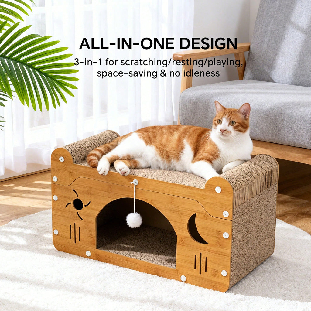 Double Layer Cat Scratcher Lounge Bed with Detachable Top Level & 2 Interactive Balls – Corrugated Cardboard Cat Scratching Pad for Multi-Cat Homes