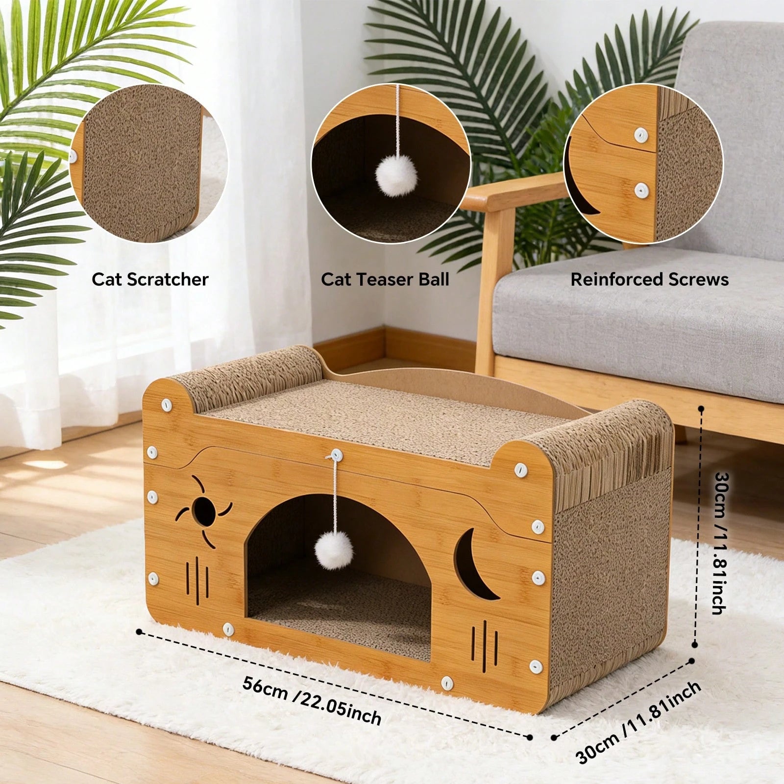 Double Layer Cat Scratcher Lounge Bed with Detachable Top Level & 2 Interactive Balls – Corrugated Cardboard Cat Scratching Pad for Multi-Cat Homes