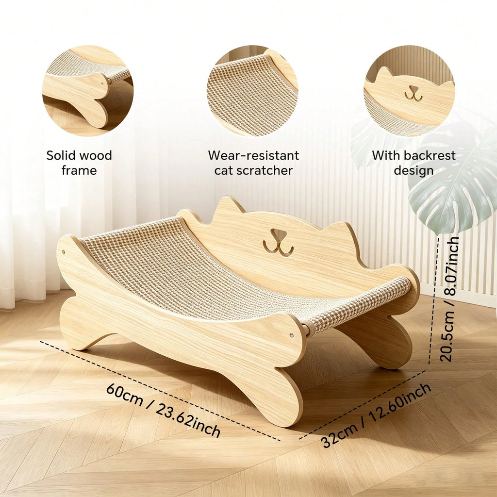 Solid Wood Cat Bed with Sisal Scratcher Surface – Cat-Shaped Lounge Bed for Indoor Cats, Durable Natural Wood Pet Furniture