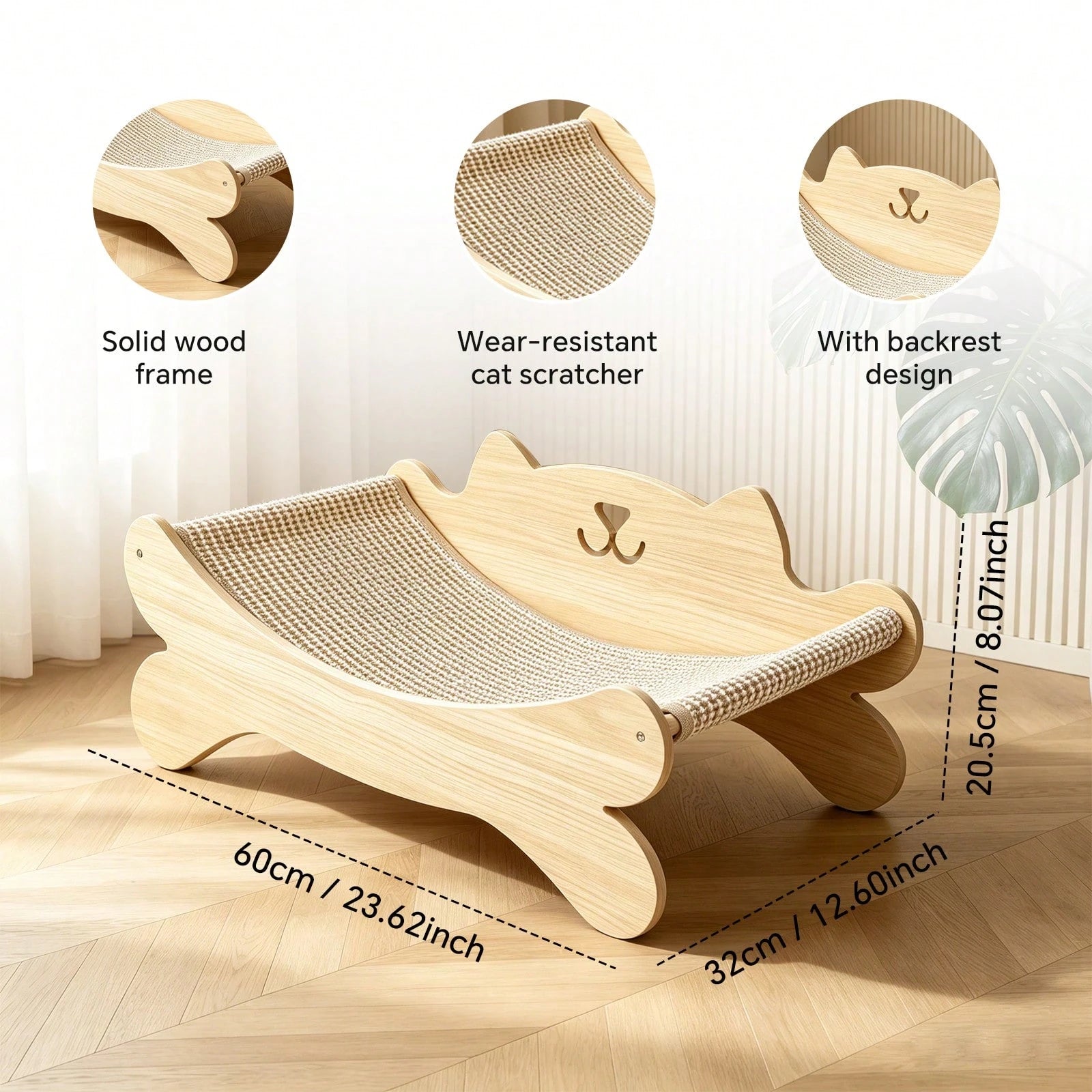 Solid Wood Cat Bed with Sisal Scratcher Surface – Cat-Shaped Lounge Bed for Indoor Cats, Durable Natural Wood Pet Furniture