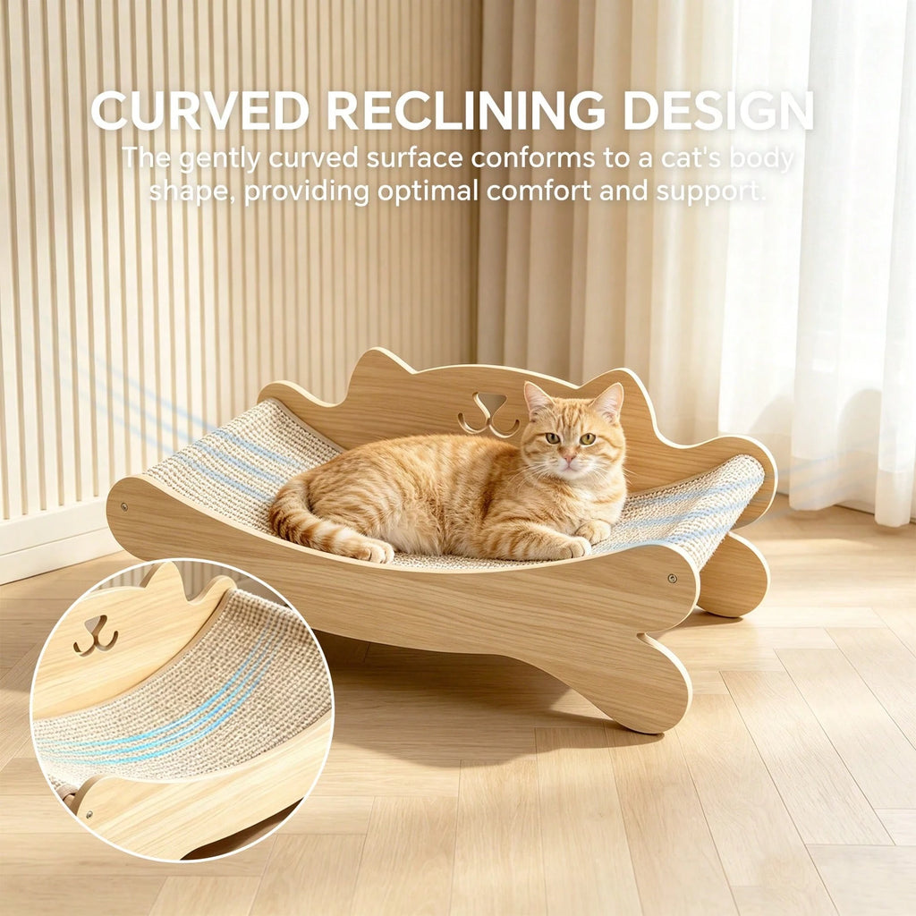 Solid Wood Cat Bed with Sisal Scratcher Surface – Cat-Shaped Lounge Bed for Indoor Cats, Durable Natural Wood Pet Furniture