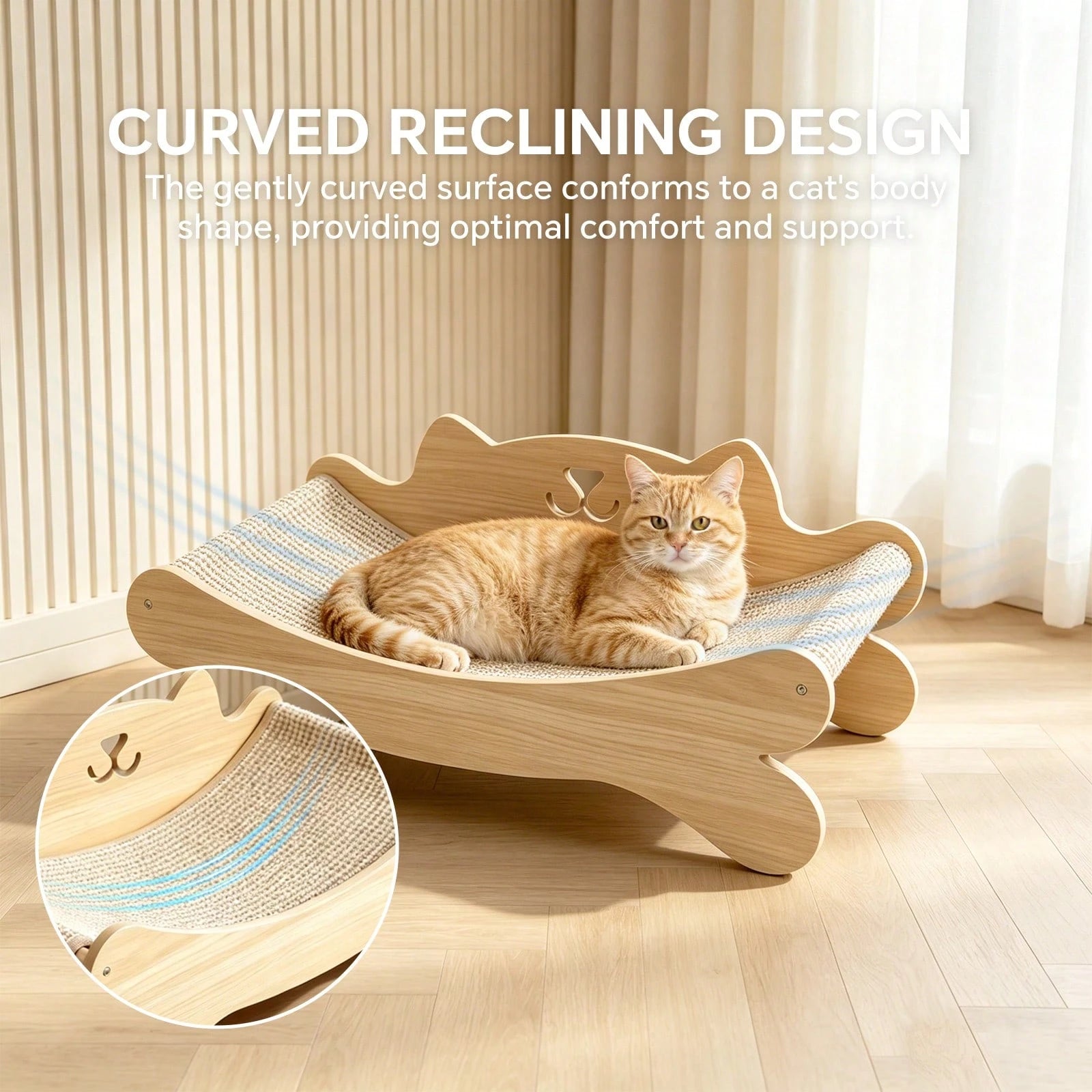Solid Wood Cat Bed with Sisal Scratcher Surface – Cat-Shaped Lounge Bed for Indoor Cats, Durable Natural Wood Pet Furniture