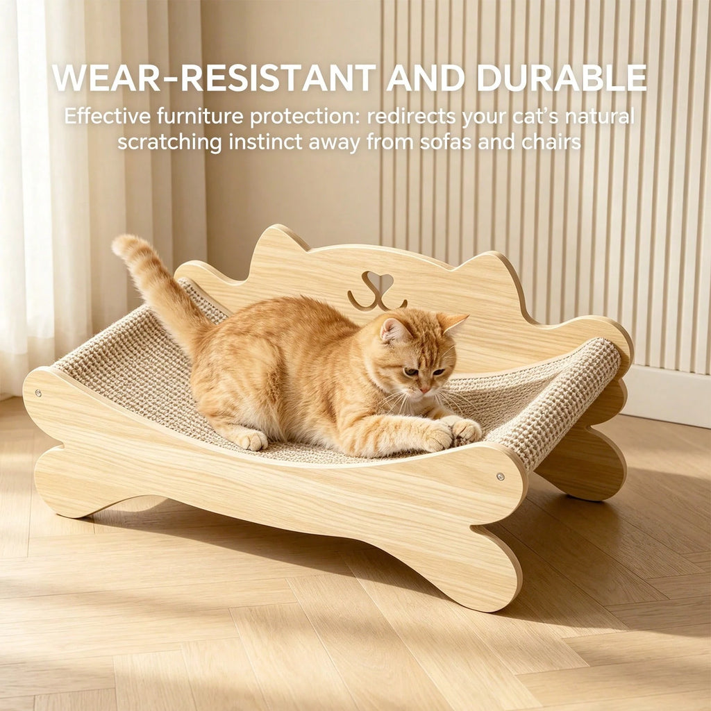 Solid Wood Cat Bed with Sisal Scratcher Surface – Cat-Shaped Lounge Bed for Indoor Cats, Durable Natural Wood Pet Furniture