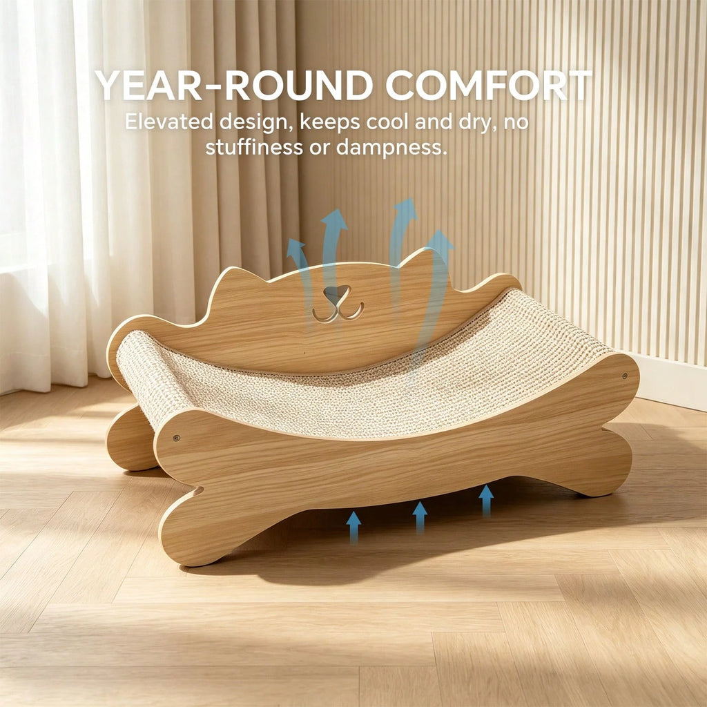 Solid Wood Cat Bed with Sisal Scratcher Surface – Cat-Shaped Lounge Bed for Indoor Cats, Durable Natural Wood Pet Furniture
