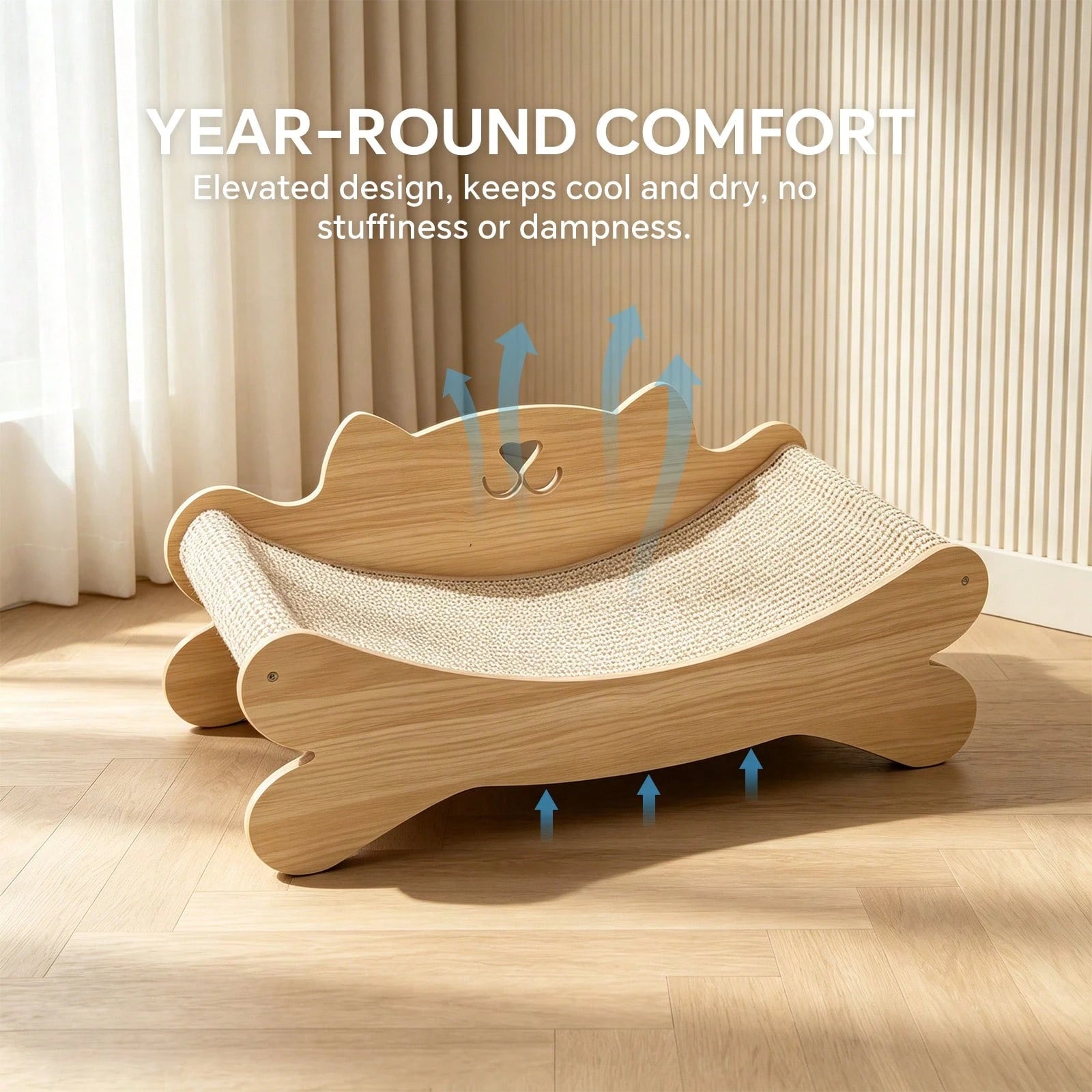 Solid Wood Cat Bed with Sisal Scratcher Surface – Cat-Shaped Lounge Bed for Indoor Cats, Durable Natural Wood Pet Furniture