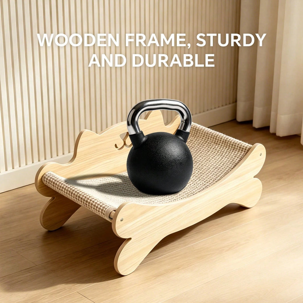 Solid Wood Cat Bed with Sisal Scratcher Surface – Cat-Shaped Lounge Bed for Indoor Cats, Durable Natural Wood Pet Furniture