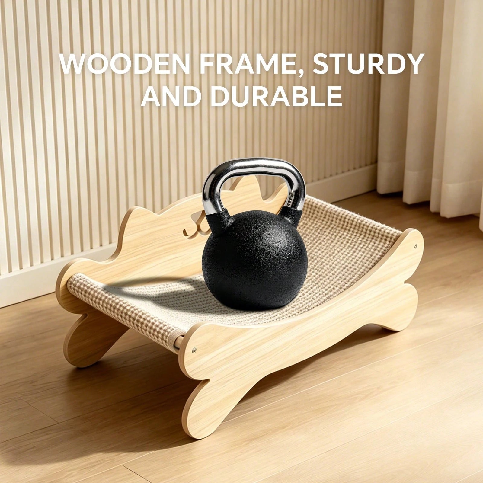 Solid Wood Cat Bed with Sisal Scratcher Surface – Cat-Shaped Lounge Bed for Indoor Cats, Durable Natural Wood Pet Furniture