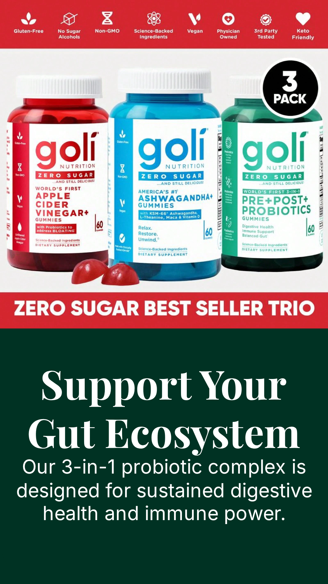 Goli 3-in-1 Zero Sugar Gut & Stress Gummies (ACV + Probiotics)